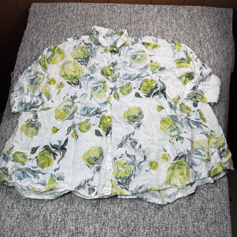Grizas Blouse Womens 3XL Shirt Tunic Washed Linen Floral 3/4 Sleeve Relaxed